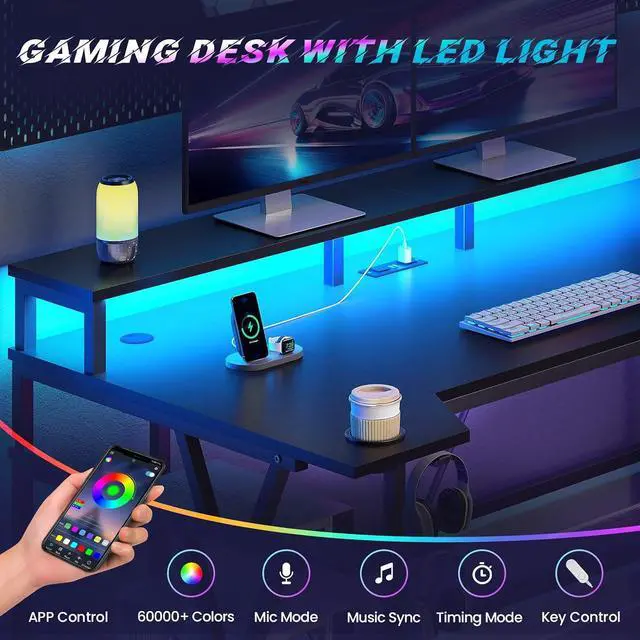 Alt view image 6 of 7 - Gaming Desk 70.8'' with LED Lights and Storage Shelves, Computer Desk with Monitor Stand, Power Outlets and Cup Holder, Large PC Gamer Desk, Gaming Table for Bedroom, Living Room, Black
