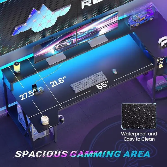 Alt view image 5 of 7 - Gaming Desk 70.8'' with LED Lights and Storage Shelves, Computer Desk with Monitor Stand, Power Outlets and Cup Holder, Large PC Gamer Desk, Gaming Table for Bedroom, Living Room, Black