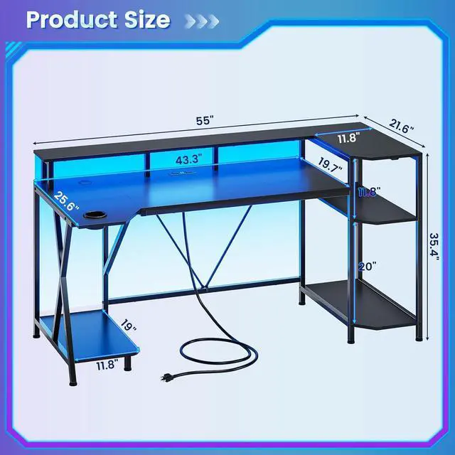 Alt view image 2 of 7 - Gaming Desk 55'' with LED Lights and Storage Shelves, Computer Desk with Monitor Stand, Power Outlets and Cup Holder, Large PC Gamer Desk, Gaming Table for Bedroom, Living Room, Black