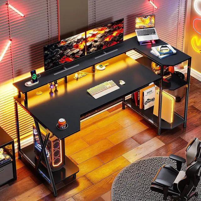 Alt view image 3 of 7 - Gaming Desk 55'' with LED Lights and Storage Shelves, Computer Desk with Monitor Stand, Power Outlets and Cup Holder, Large PC Gamer Desk, Gaming Table for Bedroom, Living Room, Black