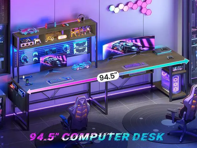 Alt view image 3 of 7 - L Shaped Desk, 94.5 Inch Office Desk with Power Outlet & Pegboard, L Shaped Desk with Led Light, Keyboard Tray, Storage Shelves and Headphone Hook for Home Office, Walnut Brown