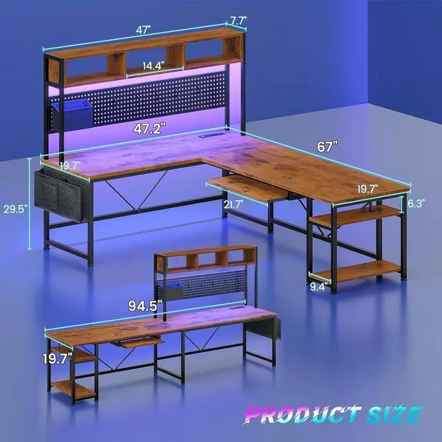 Alt view image 2 of 7 - L Shaped Computer Desk, Reversible Corner Desk with Power Outlet and Pegboard, Computer Desk with Led Lights, Keyboard Tray, Headphone Hook and Storage Shelves, Rustic Brown