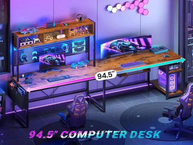 Alt view image 3 of 7 - L Shaped Computer Desk, Reversible Corner Desk with Power Outlet and Pegboard, Computer Desk with Led Lights, Keyboard Tray, Headphone Hook and Storage Shelves, Rustic Brown