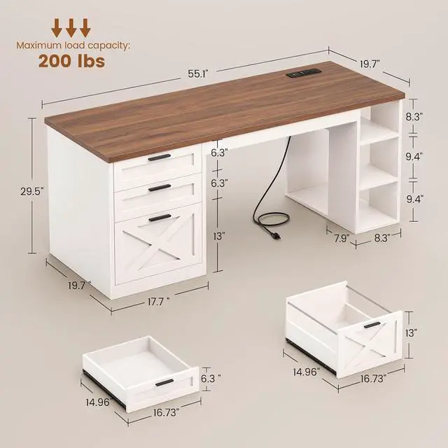 Alt view image 2 of 7 - 55.1" Farmhouse Office Desk with 3 Drawers, Executive Desk with File Drawer & Storage Shelves, Computer Desk with Power Outlet for Home Office, White and Brown