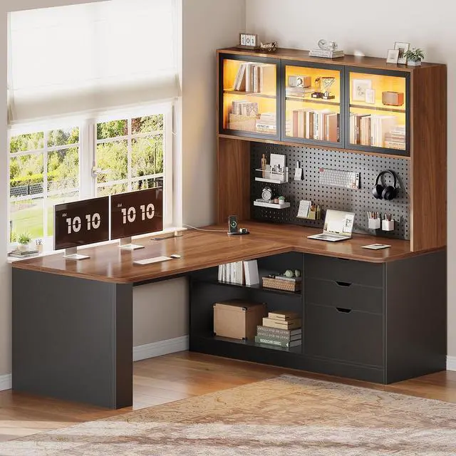 Main image of L Shaped Office Desk, Computer Desk with 3 Wood Drawer and Large Bookshelf, L Shaped Corner Gaming Desk with LED Light, Display Cabinet and Pegboard, 27.5" W Large Desktop Table, Brown