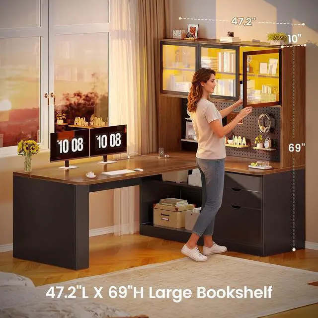 Alt view image 2 of 7 - L Shaped Office Desk, Computer Desk with 3 Wood Drawer and Large Bookshelf, L Shaped Corner Gaming Desk with LED Light, Display Cabinet and Pegboard, 27.5" W Large Desktop Table, Brown