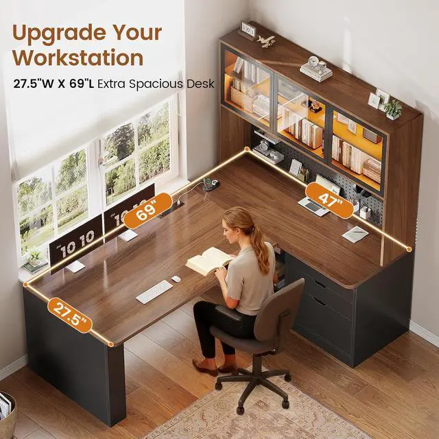Alt view image 3 of 7 - L Shaped Office Desk, Computer Desk with 3 Wood Drawer and Large Bookshelf, L Shaped Corner Gaming Desk with LED Light, Display Cabinet and Pegboard, 27.5" W Large Desktop Table, Brown