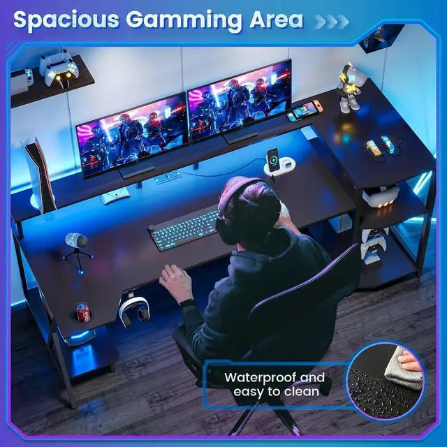 Alt view image 5 of 7 - Gaming Desk 55'' with LED Lights and Storage Shelves, Computer Desk with Monitor Stand, Power Outlets and Cup Holder, Large PC Gamer Desk, Gaming Table for Bedroom, Living Room, Black