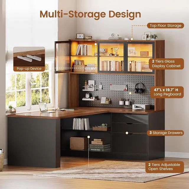 Alt view image 4 of 7 - L Shaped Office Desk, Computer Desk with 3 Wood Drawer and Large Bookshelf, L Shaped Corner Gaming Desk with LED Light, Display Cabinet and Pegboard, 27.5" W Large Desktop Table, Brown