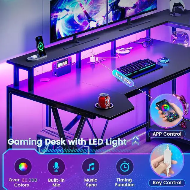 Alt view image 7 of 7 - Gaming Desk 55'' with LED Lights and Storage Shelves, Computer Desk with Monitor Stand, Power Outlets and Cup Holder, Large PC Gamer Desk, Gaming Table for Bedroom, Living Room, Black