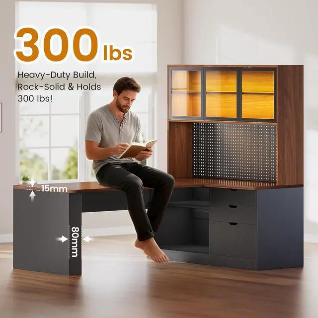 Alt view image 6 of 7 - L Shaped Office Desk, Computer Desk with 3 Wood Drawer and Large Bookshelf, L Shaped Corner Gaming Desk with LED Light, Display Cabinet and Pegboard, 27.5" W Large Desktop Table, Brown