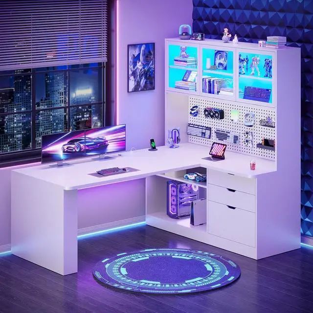 Main image of L Shaped Computer Desk, L Shaped Corner Gaming Desk with 3 Wood Drawer and Large Bookshelf, Home Office Desk with LED Light, Display Cabinet and Pegboard, 27.5" W Large Desktop Table, White