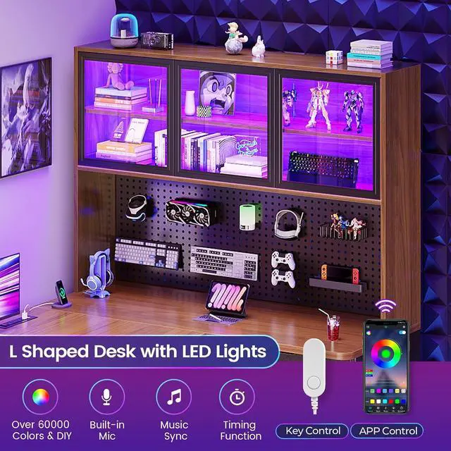 Alt view image 7 of 7 - L Shaped Office Desk, Computer Desk with 3 Wood Drawer and Large Bookshelf, L Shaped Corner Gaming Desk with LED Light, Display Cabinet and Pegboard, 27.5" W Large Desktop Table, Brown