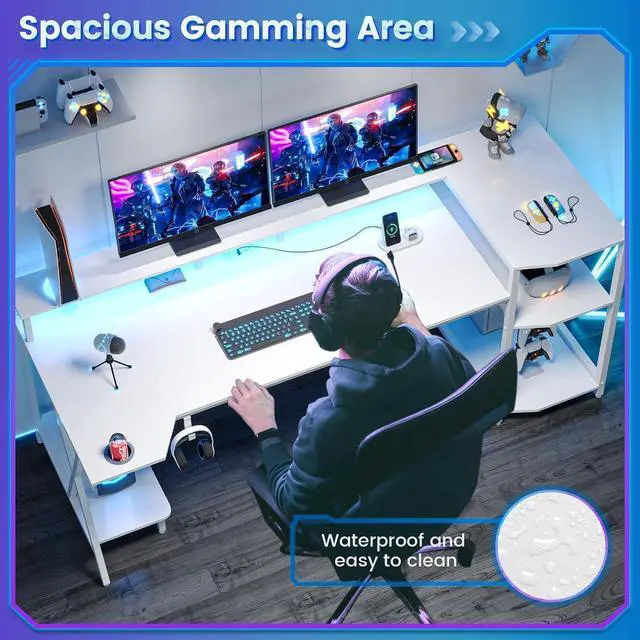 Alt view image 5 of 7 - White Gaming Desk 55'' with LED Lights and Storage Shelves, Computer Desk with Monitor Stand, Power Outlets and Cup Holder, Large PC Gamer Desk, Gaming Table for Bedroom, Living Room