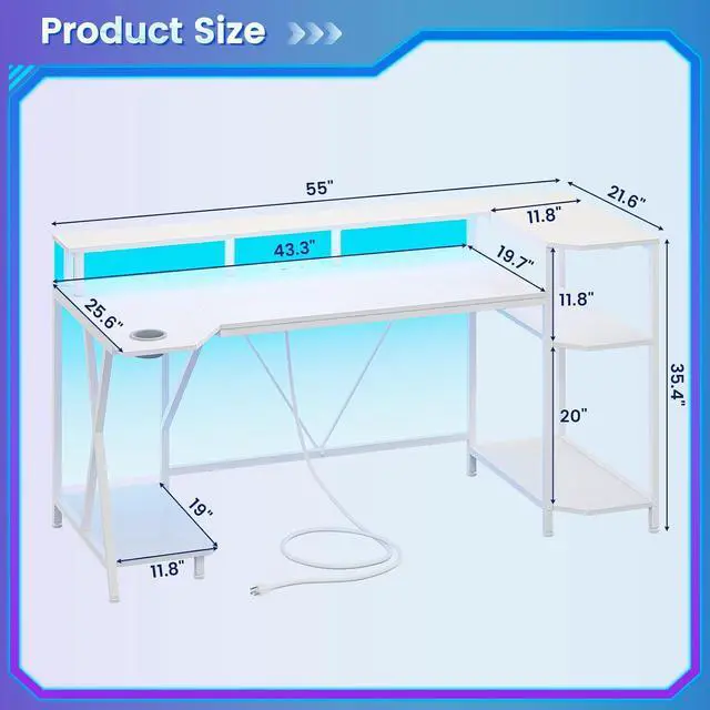 Alt view image 3 of 7 - White Gaming Desk 55'' with LED Lights and Storage Shelves, Computer Desk with Monitor Stand, Power Outlets and Cup Holder, Large PC Gamer Desk, Gaming Table for Bedroom, Living Room