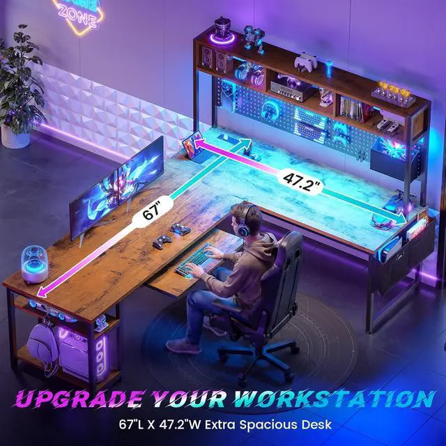 Alt view image 5 of 7 - L Shaped Computer Desk, Reversible Corner Desk with Power Outlet and Pegboard, Computer Desk with Led Lights, Keyboard Tray, Headphone Hook and Storage Shelves, Rustic Brown
