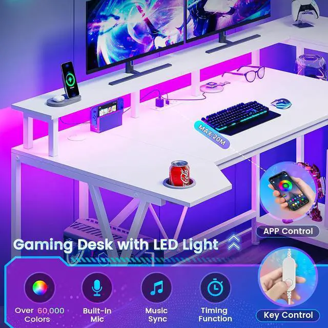 Alt view image 4 of 7 - White Gaming Desk 55'' with LED Lights and Storage Shelves, Computer Desk with Monitor Stand, Power Outlets and Cup Holder, Large PC Gamer Desk, Gaming Table for Bedroom, Living Room
