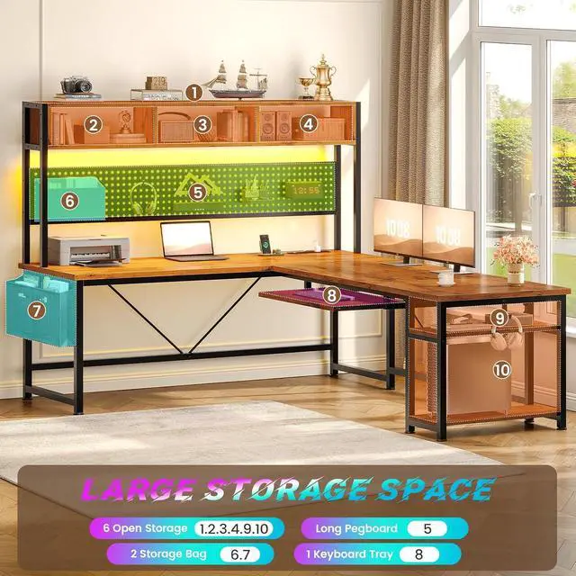 Alt view image 6 of 7 - L Shaped Computer Desk, Reversible Corner Desk with Power Outlet and Pegboard, Computer Desk with Led Lights, Keyboard Tray, Headphone Hook and Storage Shelves, Rustic Brown