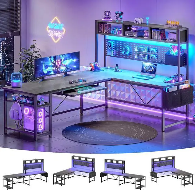 Main image of L Shaped Desk, 94.5 Inch Home Office Desk with Power Outlet & Pegboard, L Shaped Gaming Desk with LED Light, Keyboard Tray, Storage Shelves and Headphone Hook for Home Office, Grey