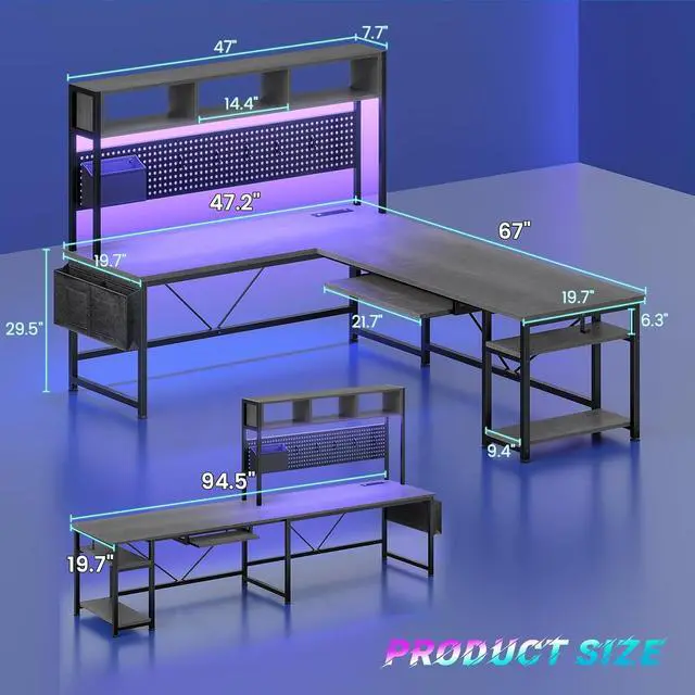 Alt view image 2 of 7 - L Shaped Desk, 94.5 Inch Home Office Desk with Power Outlet & Pegboard, L Shaped Gaming Desk with LED Light, Keyboard Tray, Storage Shelves and Headphone Hook for Home Office, Grey