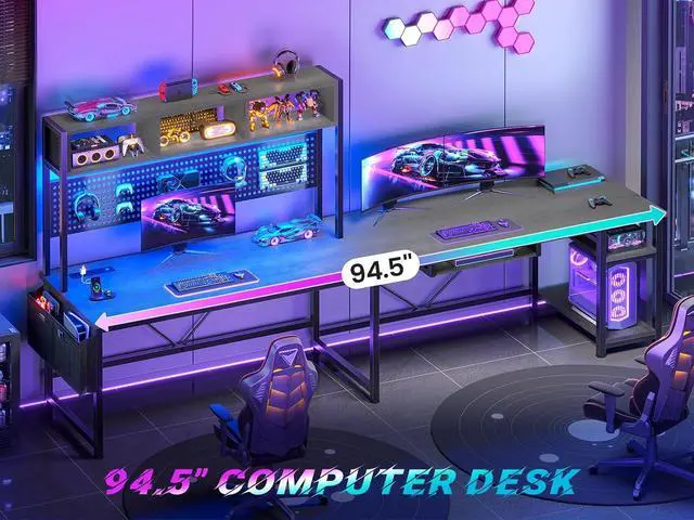 Alt view image 3 of 7 - L Shaped Desk, 94.5 Inch Home Office Desk with Power Outlet & Pegboard, L Shaped Gaming Desk with LED Light, Keyboard Tray, Storage Shelves and Headphone Hook for Home Office, Grey