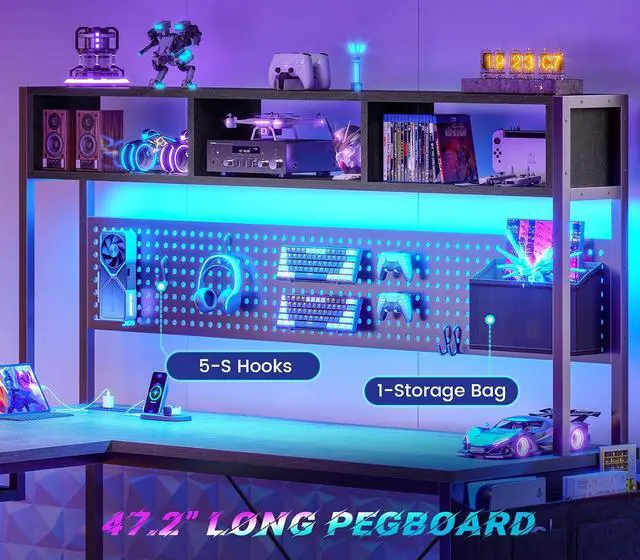 Alt view image 4 of 7 - L Shaped Desk, 94.5 Inch Home Office Desk with Power Outlet & Pegboard, L Shaped Gaming Desk with LED Light, Keyboard Tray, Storage Shelves and Headphone Hook for Home Office, Grey