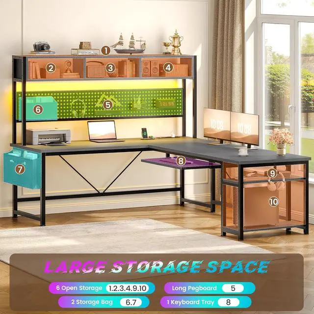 Alt view image 6 of 7 - L Shaped Desk, 94.5 Inch Home Office Desk with Power Outlet & Pegboard, L Shaped Gaming Desk with LED Light, Keyboard Tray, Storage Shelves and Headphone Hook for Home Office, Grey