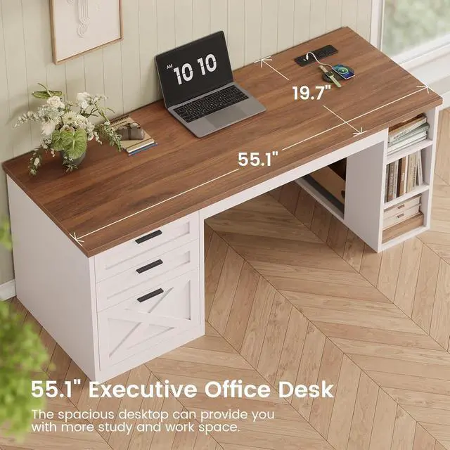 Alt view image 6 of 7 - 55.1" Farmhouse Office Desk with 3 Drawers, Executive Desk with File Drawer & Storage Shelves, Computer Desk with Power Outlet for Home Office, White and Brown