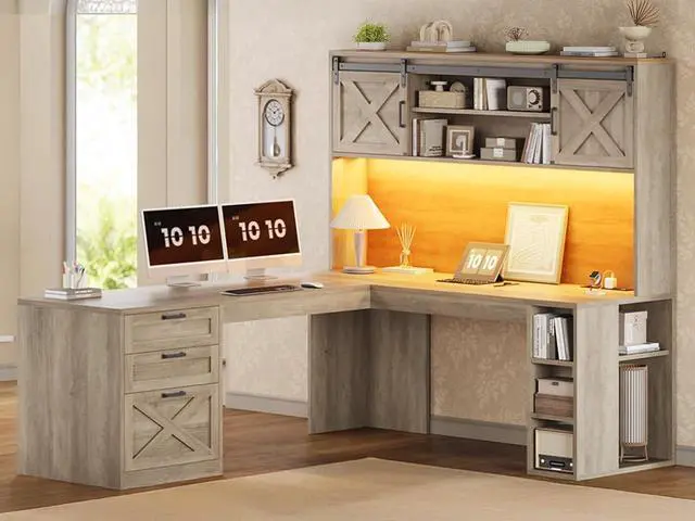 Main image of 67" Farmhouse L Shaped Desk with Hutch, Home Office Desks with Drawers & Sliding Doors, Corner Computer Desk with Storage Shelves & Power Outlets, Executive Desk with LED Lights, Grey