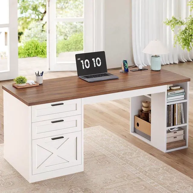 Alt view image 7 of 7 - 55.1" Farmhouse Office Desk with 3 Drawers, Executive Desk with File Drawer & Storage Shelves, Computer Desk with Power Outlet for Home Office, White and Brown