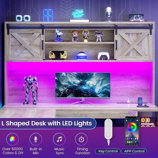 Alt view image 6 of 7 - 67" Farmhouse L Shaped Desk with Hutch, Home Office Desks with Drawers & Sliding Doors, Corner Computer Desk with Storage Shelves & Power Outlets, Executive Desk with LED Lights, Grey