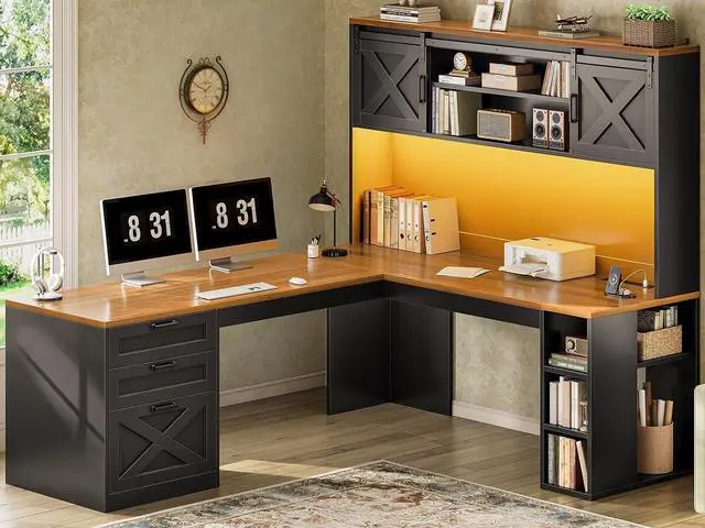 Main image of 67" Farmhouse L Shaped Desk with Hutch, Home Office Desks with Drawers & Sliding Doors, Corner Computer Desk with Storage Shelves & Power Outlets, Executive Desk with LED Lights, Black+Brown
