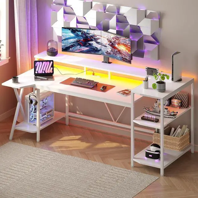 Alt view image 3 of 7 - White Gaming Desk 70.8'' with LED Lights and Storage Shelves, Computer Desk with Monitor Stand, Power Outlets and Cup Holder, Large PC Gamer Desk, Gaming Table for Bedroom, Living Room