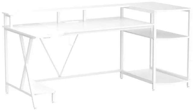 Alt view image 4 of 7 - White Gaming Desk 70.8'' with LED Lights and Storage Shelves, Computer Desk with Monitor Stand, Power Outlets and Cup Holder, Large PC Gamer Desk, Gaming Table for Bedroom, Living Room