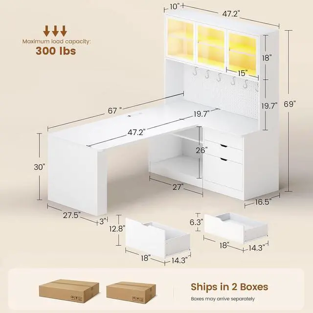 Alt view image 2 of 7 - L Shaped Computer Desk, L Shaped Corner Gaming Desk with 3 Wood Drawer and Large Bookshelf, Home Office Desk with LED Light, Display Cabinet and Pegboard, 27.5" W Large Desktop Table, White