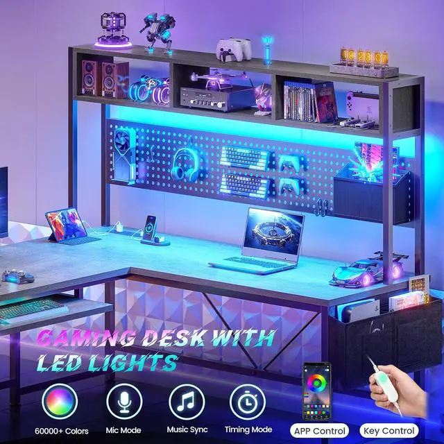 Alt view image 7 of 7 - L Shaped Desk, 94.5 Inch Home Office Desk with Power Outlet & Pegboard, L Shaped Gaming Desk with LED Light, Keyboard Tray, Storage Shelves and Headphone Hook for Home Office, Grey