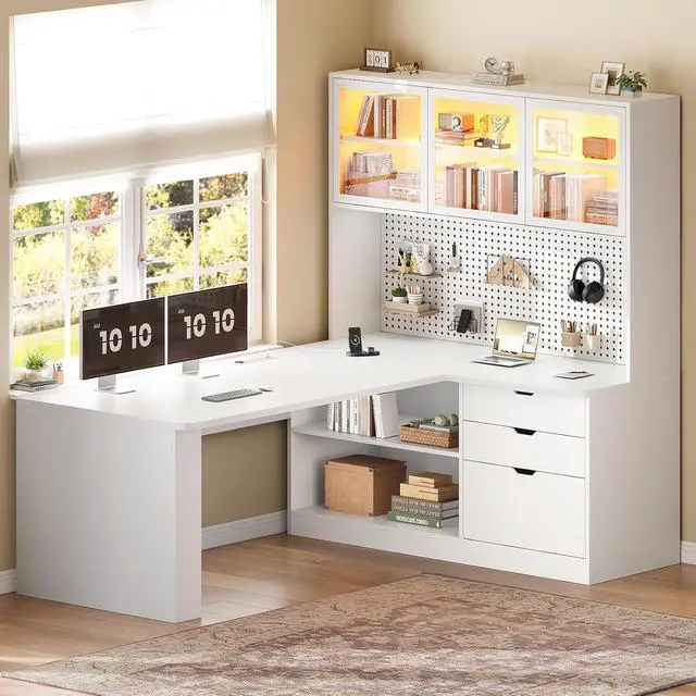 Alt view image 3 of 7 - L Shaped Computer Desk, L Shaped Corner Gaming Desk with 3 Wood Drawer and Large Bookshelf, Home Office Desk with LED Light, Display Cabinet and Pegboard, 27.5" W Large Desktop Table, White