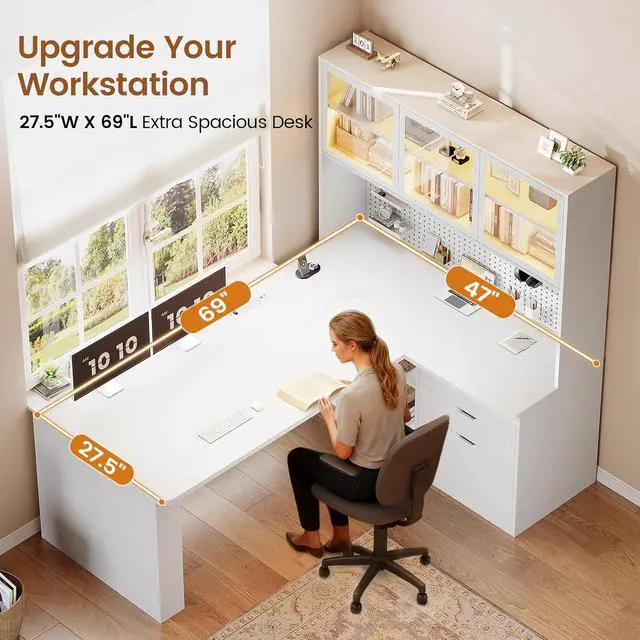 Alt view image 4 of 7 - L Shaped Computer Desk, L Shaped Corner Gaming Desk with 3 Wood Drawer and Large Bookshelf, Home Office Desk with LED Light, Display Cabinet and Pegboard, 27.5" W Large Desktop Table, White