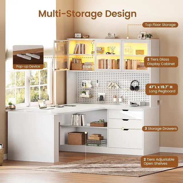 Alt view image 5 of 7 - L Shaped Computer Desk, L Shaped Corner Gaming Desk with 3 Wood Drawer and Large Bookshelf, Home Office Desk with LED Light, Display Cabinet and Pegboard, 27.5" W Large Desktop Table, White
