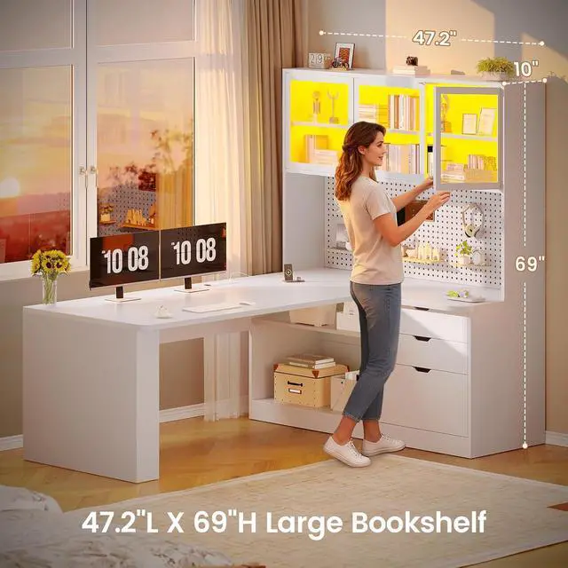 Alt view image 6 of 7 - L Shaped Computer Desk, L Shaped Corner Gaming Desk with 3 Wood Drawer and Large Bookshelf, Home Office Desk with LED Light, Display Cabinet and Pegboard, 27.5" W Large Desktop Table, White
