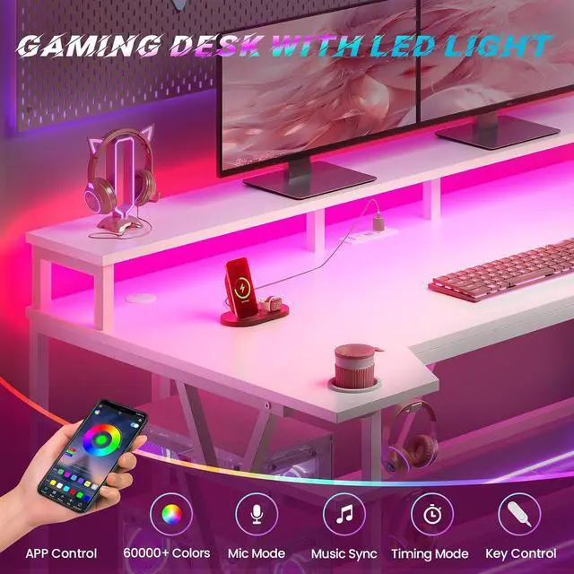 Alt view image 6 of 7 - White Gaming Desk 70.8'' with LED Lights and Storage Shelves, Computer Desk with Monitor Stand, Power Outlets and Cup Holder, Large PC Gamer Desk, Gaming Table for Bedroom, Living Room