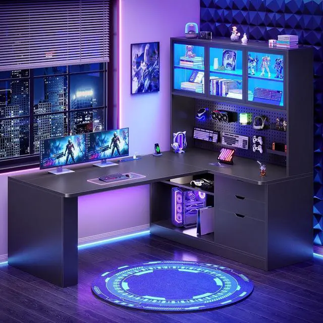 Main image of L Shaped Computer Desk, L Shaped Corner Gaming Desk with 3 Wood Drawer and Large Bookshelf, Home Office Desk with LED Light, Display Cabinet and Pegboard, 27.5" W Large Desktop Table, Black