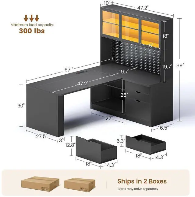 Alt view image 2 of 7 - L Shaped Computer Desk, L Shaped Corner Gaming Desk with 3 Wood Drawer and Large Bookshelf, Home Office Desk with LED Light, Display Cabinet and Pegboard, 27.5" W Large Desktop Table, Black