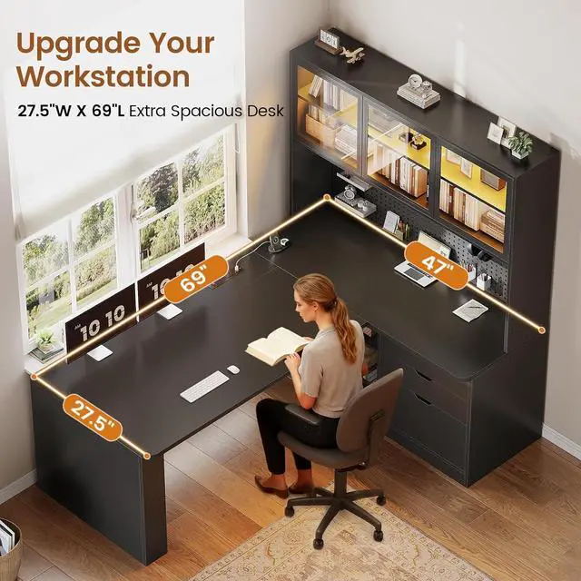Alt view image 3 of 7 - L Shaped Computer Desk, L Shaped Corner Gaming Desk with 3 Wood Drawer and Large Bookshelf, Home Office Desk with LED Light, Display Cabinet and Pegboard, 27.5" W Large Desktop Table, Black