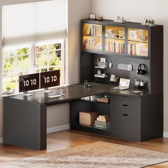 Alt view image 4 of 7 - L Shaped Computer Desk, L Shaped Corner Gaming Desk with 3 Wood Drawer and Large Bookshelf, Home Office Desk with LED Light, Display Cabinet and Pegboard, 27.5" W Large Desktop Table, Black