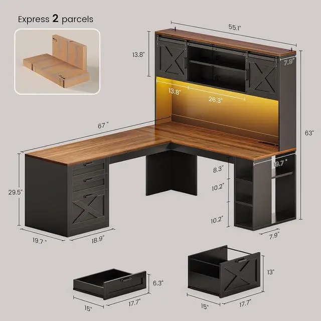 Alt view image 2 of 7 - 67" Farmhouse L Shaped Desk with Hutch, Home Office Desks with Drawers & Sliding Doors, Corner Computer Desk with Storage Shelves & Power Outlets, Executive Desk with LED Lights, Black+Brown