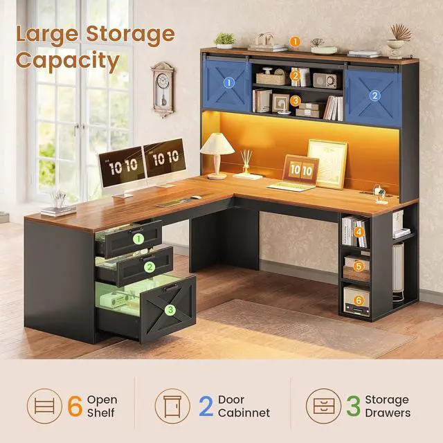 Alt view image 5 of 7 - 67" Farmhouse L Shaped Desk with Hutch, Home Office Desks with Drawers & Sliding Doors, Corner Computer Desk with Storage Shelves & Power Outlets, Executive Desk with LED Lights, Black+Brown