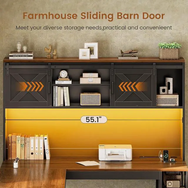 Alt view image 4 of 7 - 67" Farmhouse L Shaped Desk with Hutch, Home Office Desks with Drawers & Sliding Doors, Corner Computer Desk with Storage Shelves & Power Outlets, Executive Desk with LED Lights, Black+Brown