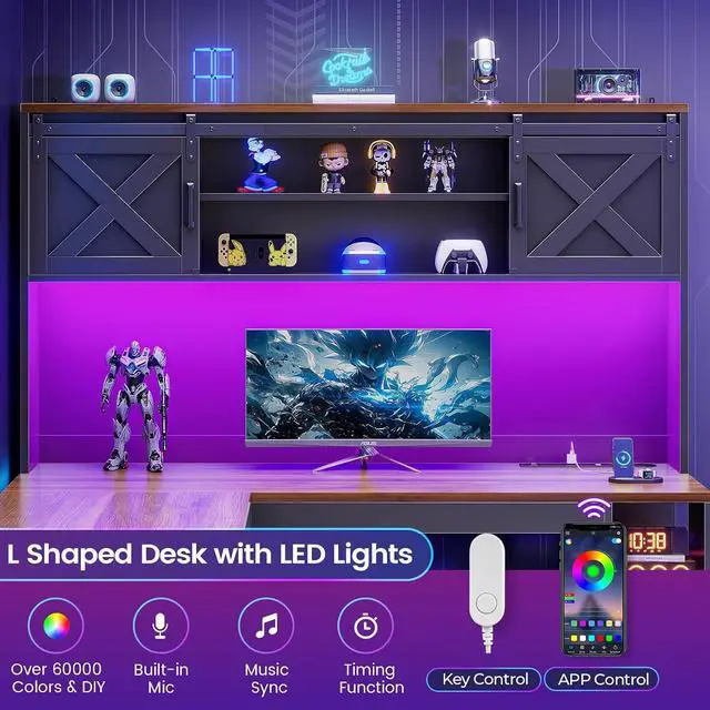 Alt view image 6 of 7 - 67" Farmhouse L Shaped Desk with Hutch, Home Office Desks with Drawers & Sliding Doors, Corner Computer Desk with Storage Shelves & Power Outlets, Executive Desk with LED Lights, Black+Brown