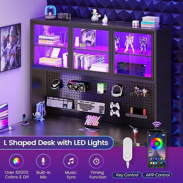 Alt view image 5 of 7 - L Shaped Computer Desk, L Shaped Corner Gaming Desk with 3 Wood Drawer and Large Bookshelf, Home Office Desk with LED Light, Display Cabinet and Pegboard, 27.5" W Large Desktop Table, Black
